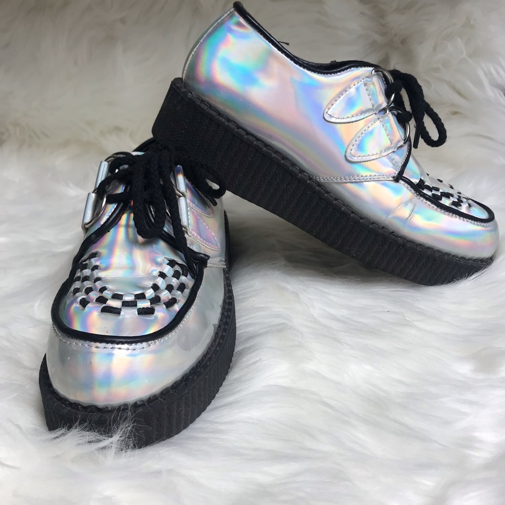 Y2K Holographic platform lace up creeper shoes by Niche.